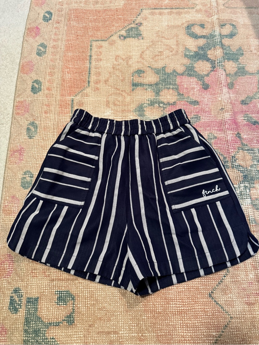 FRNCH Navy and White Striped High-Waist Shorts